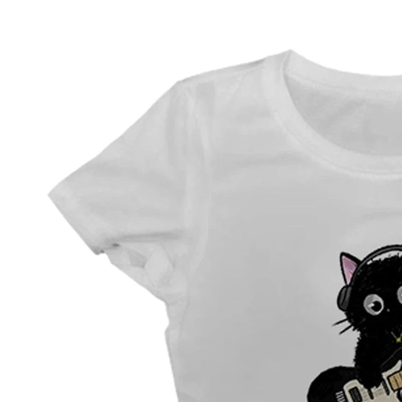 Camisetas básicas Vintage con diseño de gato estético Y2k, ropa para mujer, Top gráfico Retro, camiseta informal blanca de manga corta para mujer