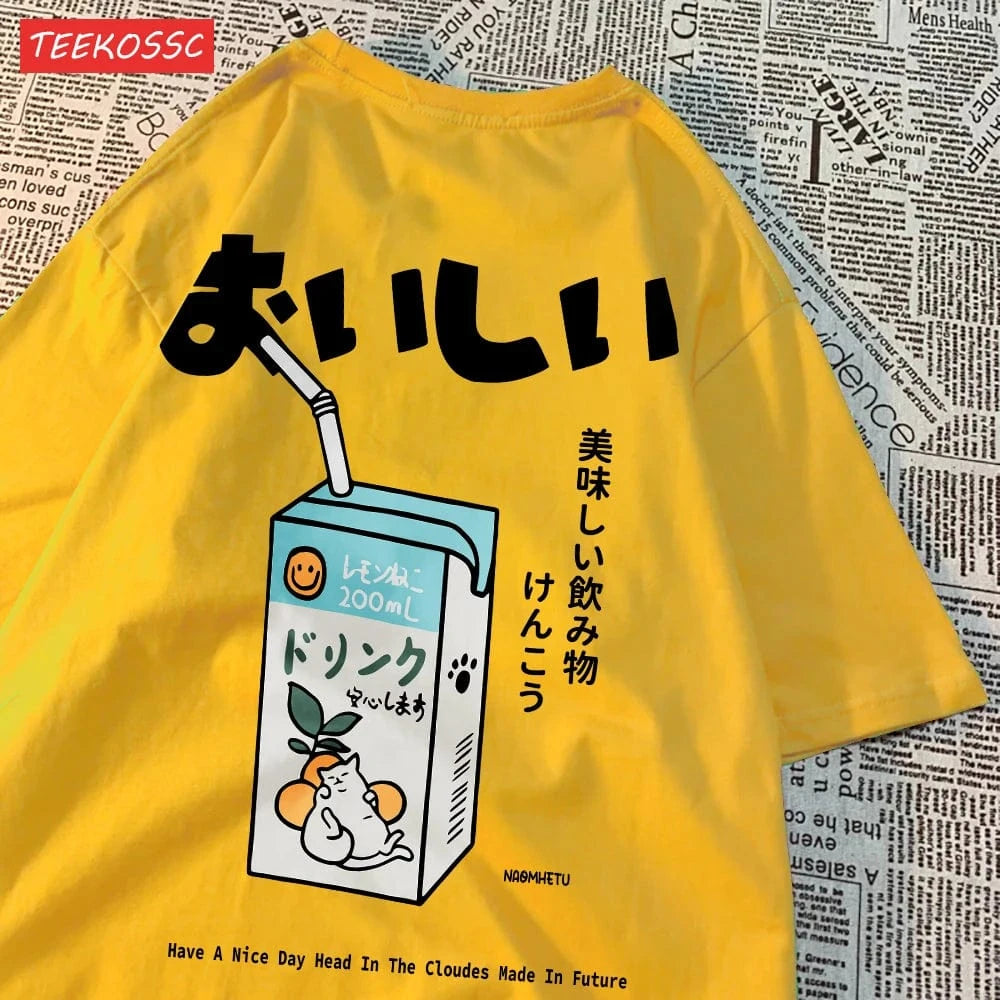 Camiseta extragrande con estampado de gato japonés para hombre y mujer, camiseta informal holgada de manga corta, ropa de calle, Tops de algodón, ropa Harajuku