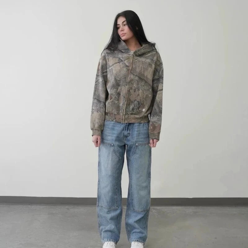 Sudadera con capucha Retro Y2K con cremallera para hombre, sudadera con estampado de camuflaje, ropa informal estilo Hip Hop, Sudadera con capucha de camuflaje Unisex de gran tamaño