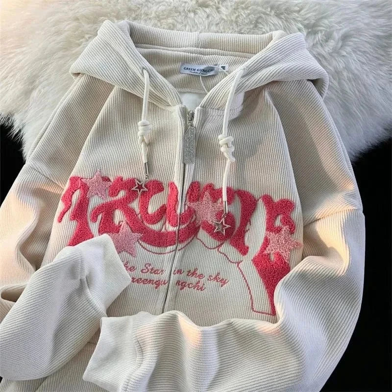 Sudaderas con cremallera bordadas a la moda para mujer, Tops de manga larga de otoño, camisa con capucha holgada, ropa Harajuku Y2K, sudadera para mujer, chaqueta