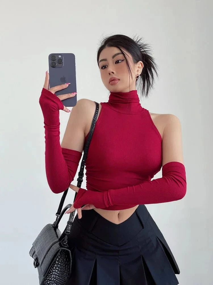 Top sin mangas Sexy para primavera y verano, Top corto plisado con mangas para chica picante y cuello alto, camiseta para mujer, ropa informal ajustada Y2k
