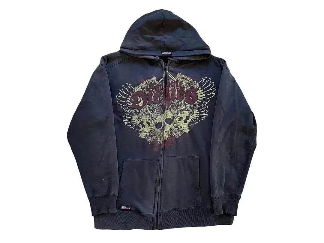 Y2k-sudaderas con cremallera y estampado de calavera para hombre, moda gótica Vintage, abrigos de manga larga de Hip Hop, sudadera holgada con capucha, Otoño Invierno