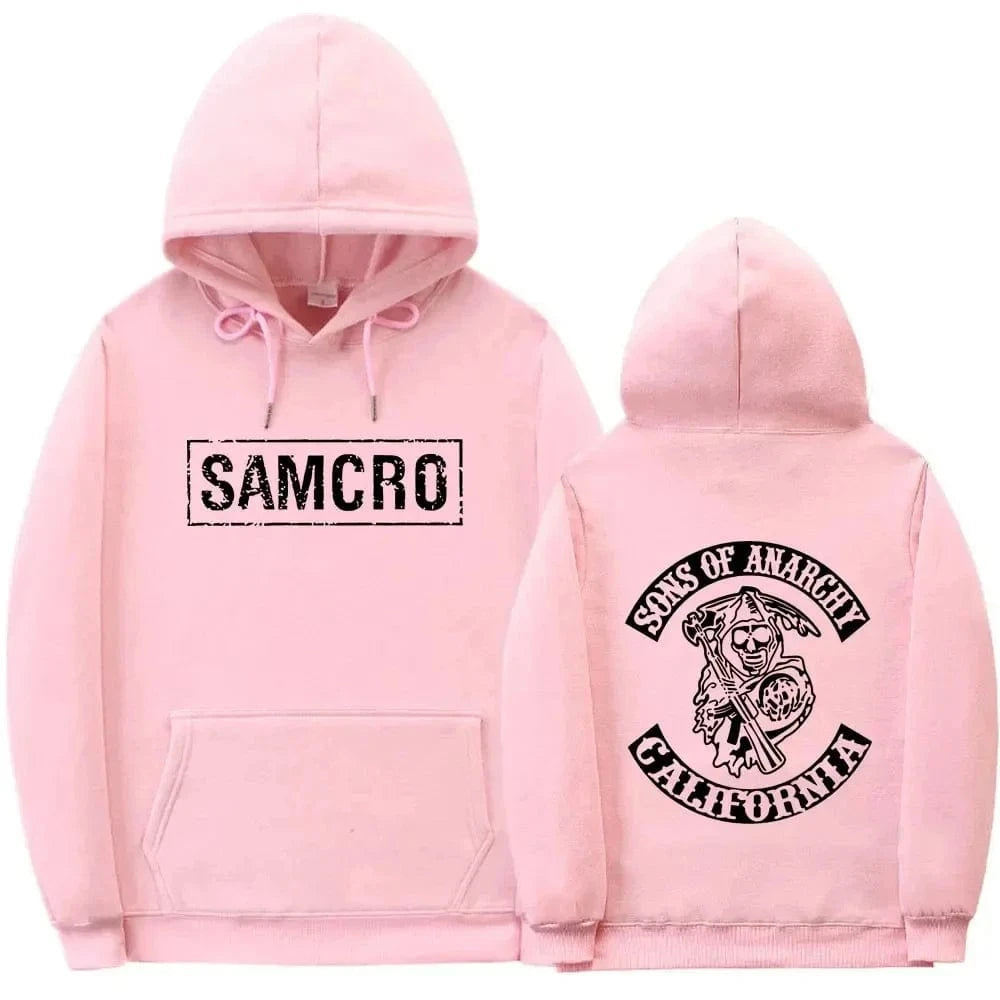 Sudadera con capucha con estampado de doble cara Tops Sons of Anarchy SAMCRO hombres mujeres diseño de marca de moda pulóver sudaderas con capucha de lana de algodón