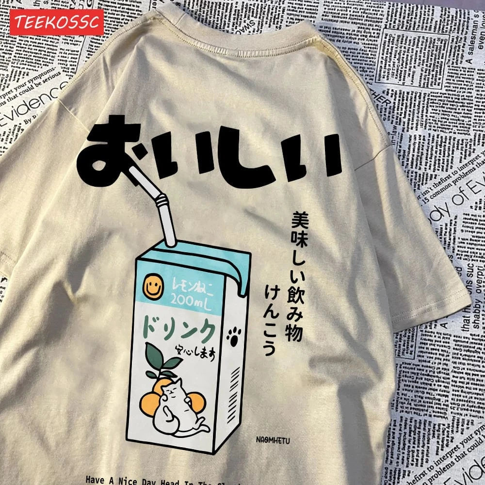 Camiseta extragrande con estampado de gato japonés para hombre y mujer, camiseta informal holgada de manga corta, ropa de calle, Tops de algodón, ropa Harajuku