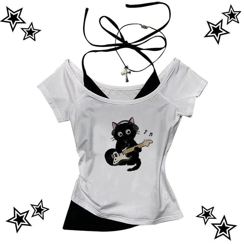 Camisetas básicas Vintage con diseño de gato estético Y2k, ropa para mujer, Top gráfico Retro, camiseta informal blanca de manga corta para mujer