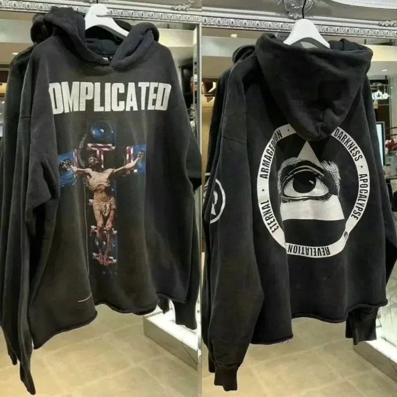 Sudaderas con capucha de gran tamaño Hiphop Street Retro Saint, sudaderas con estampado de grafiti a cuadros y daños lavados, pantalones, chándal para hombres y mujeres