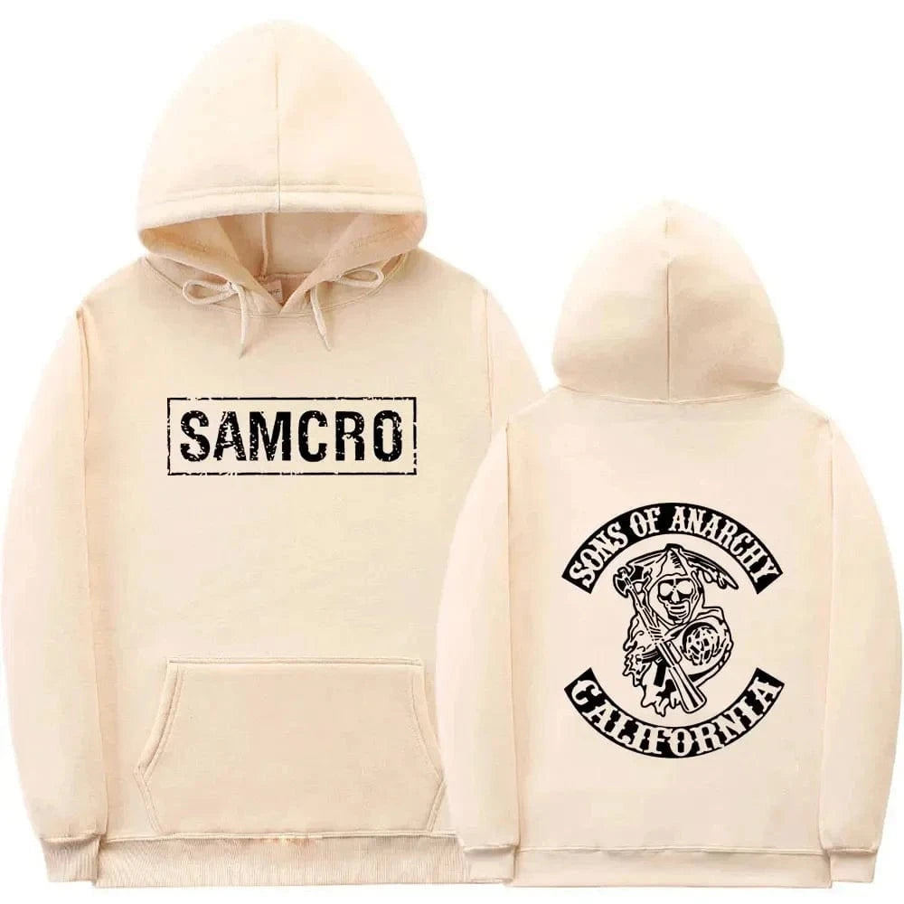 Sudadera con capucha con estampado de doble cara Tops Sons of Anarchy SAMCRO hombres mujeres diseño de marca de moda pulóver sudaderas con capucha de lana de algodón