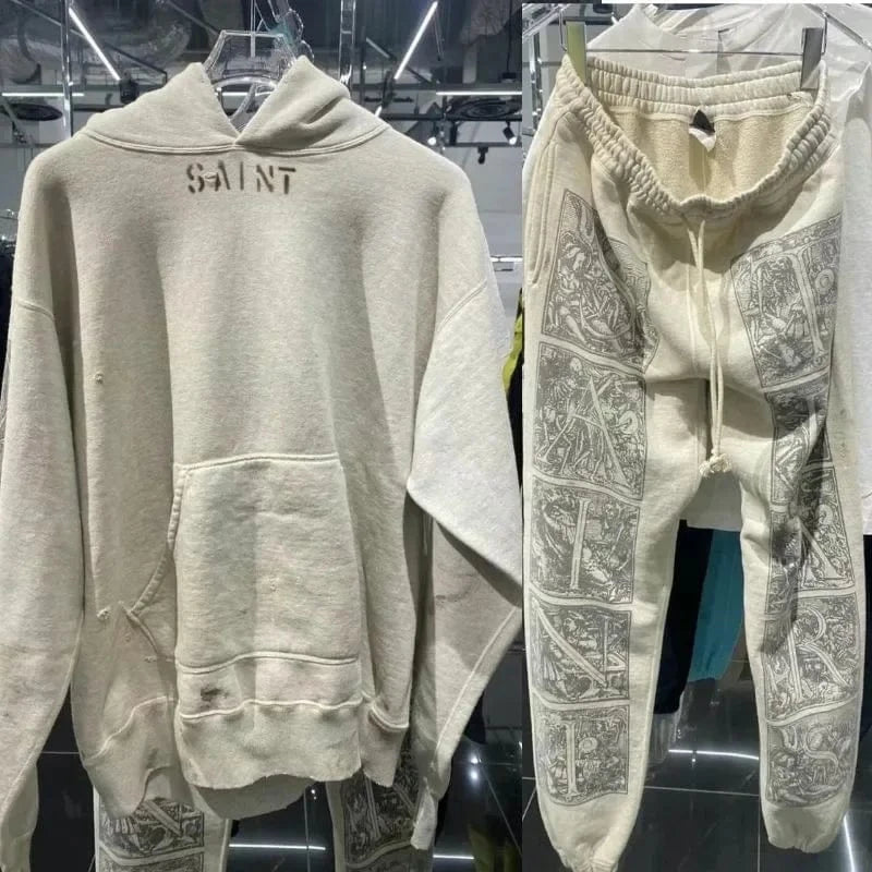 Sudaderas con capucha de gran tamaño Hiphop Street Retro Saint, sudaderas con estampado de grafiti a cuadros y daños lavados, pantalones, chándal para hombres y mujeres