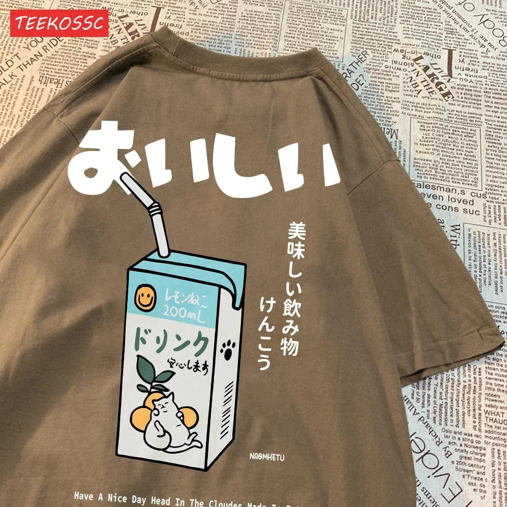 Camiseta extragrande con estampado de gato japonés para hombre y mujer, camiseta informal holgada de manga corta, ropa de calle, Tops de algodón, ropa Harajuku
