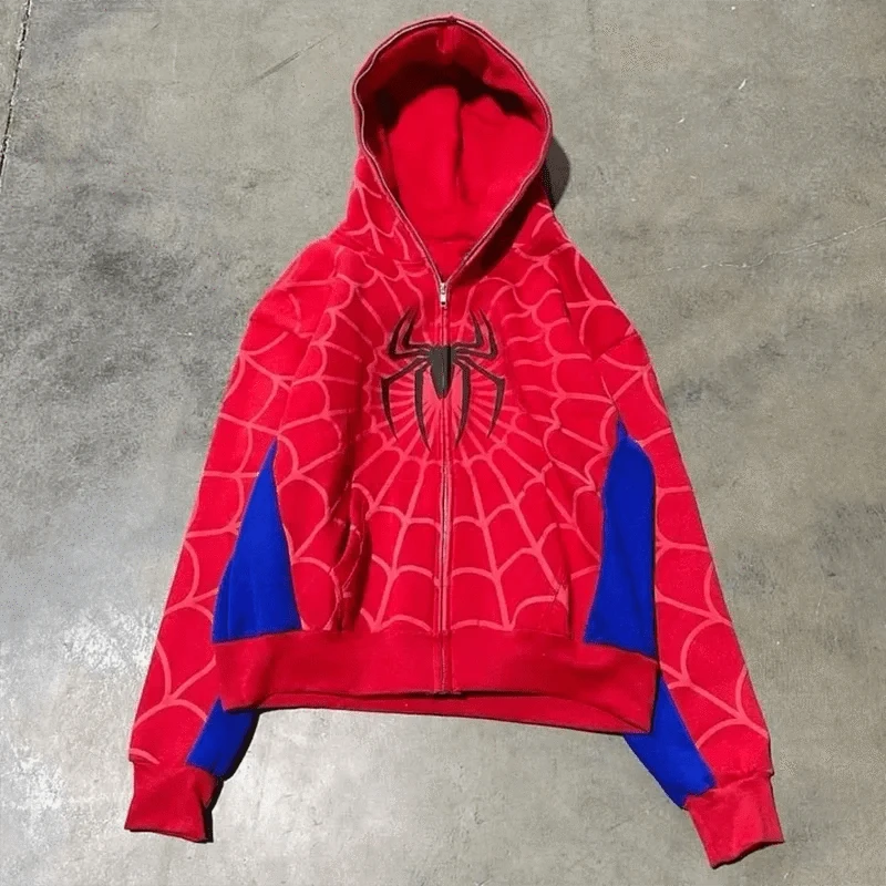 Sudaderas con capucha con estampado de araña para hombre y mujer, chaqueta de manga larga con cremallera de Hip Hop, abrigos Y2k para Otoño e Invierno, Sudadera con capucha holgada informal Harajuku