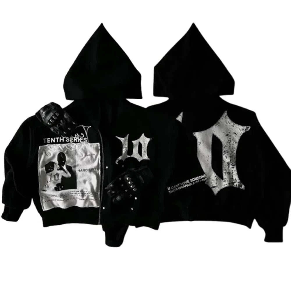American Vintage Zip Up Hoodies Y2K Clothes Men Women Gothic Hip Hop Magazine Graphic Print Oversized Hoodies Sweatshirts Jacket