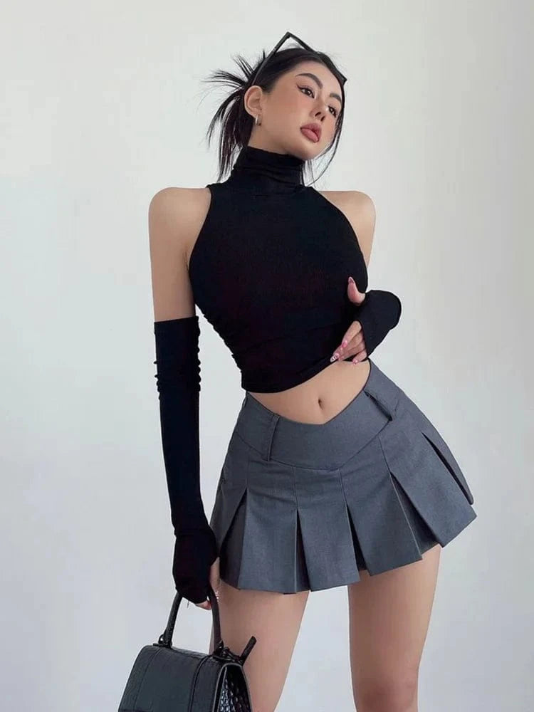Top sin mangas Sexy para primavera y verano, Top corto plisado con mangas para chica picante y cuello alto, camiseta para mujer, ropa informal ajustada Y2k