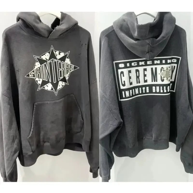 Sudaderas con capucha de gran tamaño Hiphop Street Retro Saint, sudaderas con estampado de grafiti a cuadros y daños lavados, pantalones, chándal para hombres y mujeres