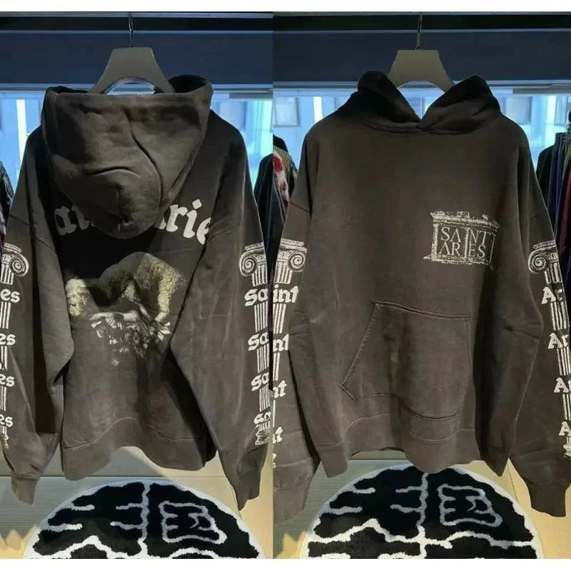 Sudaderas con capucha de gran tamaño Hiphop Street Retro Saint, sudaderas con estampado de grafiti a cuadros y daños lavados, pantalones, chándal para hombres y mujeres