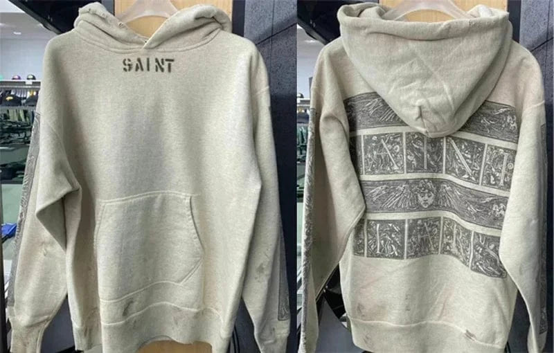 Sudaderas con capucha de gran tamaño Hiphop Street Retro Saint, sudaderas con estampado de grafiti a cuadros y daños lavados, pantalones, chándal para hombres y mujeres