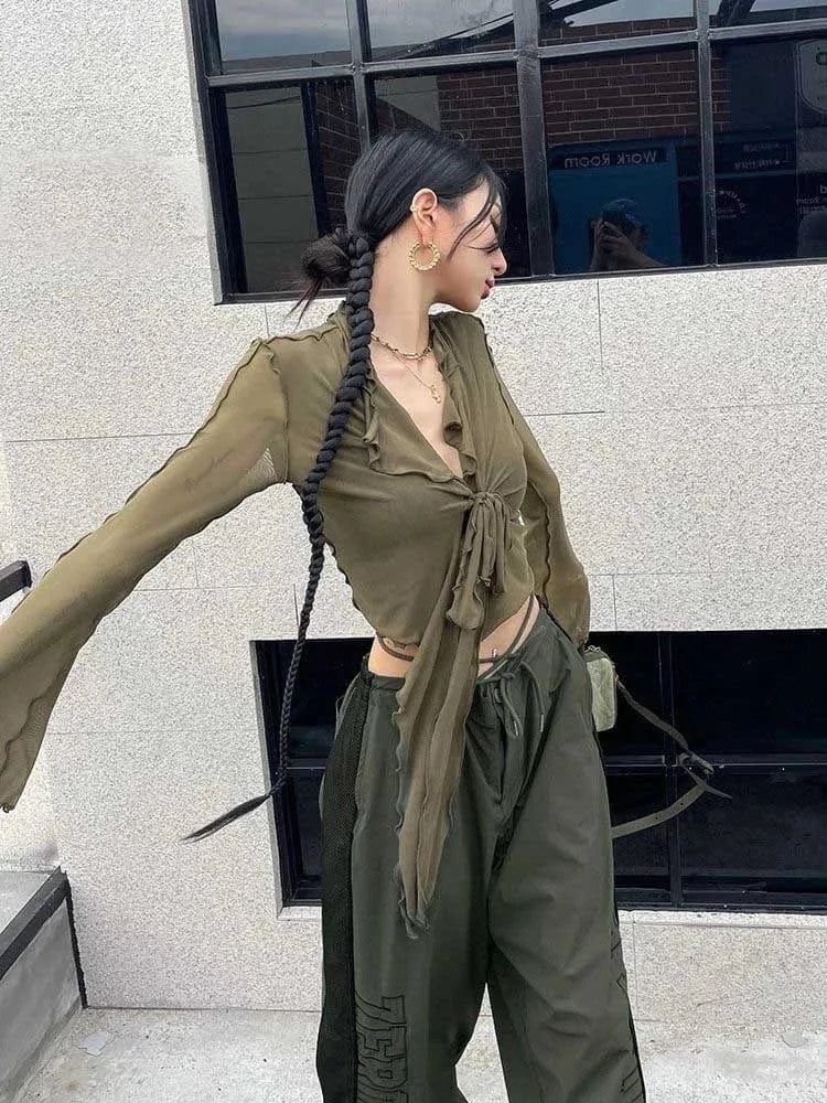 Blusas de manga larga acampanada para mujer, malla con cordones, Sexy, dulce y caliente, estilo de moda coreana, combina con todo, diseño sólido, elegante e informal