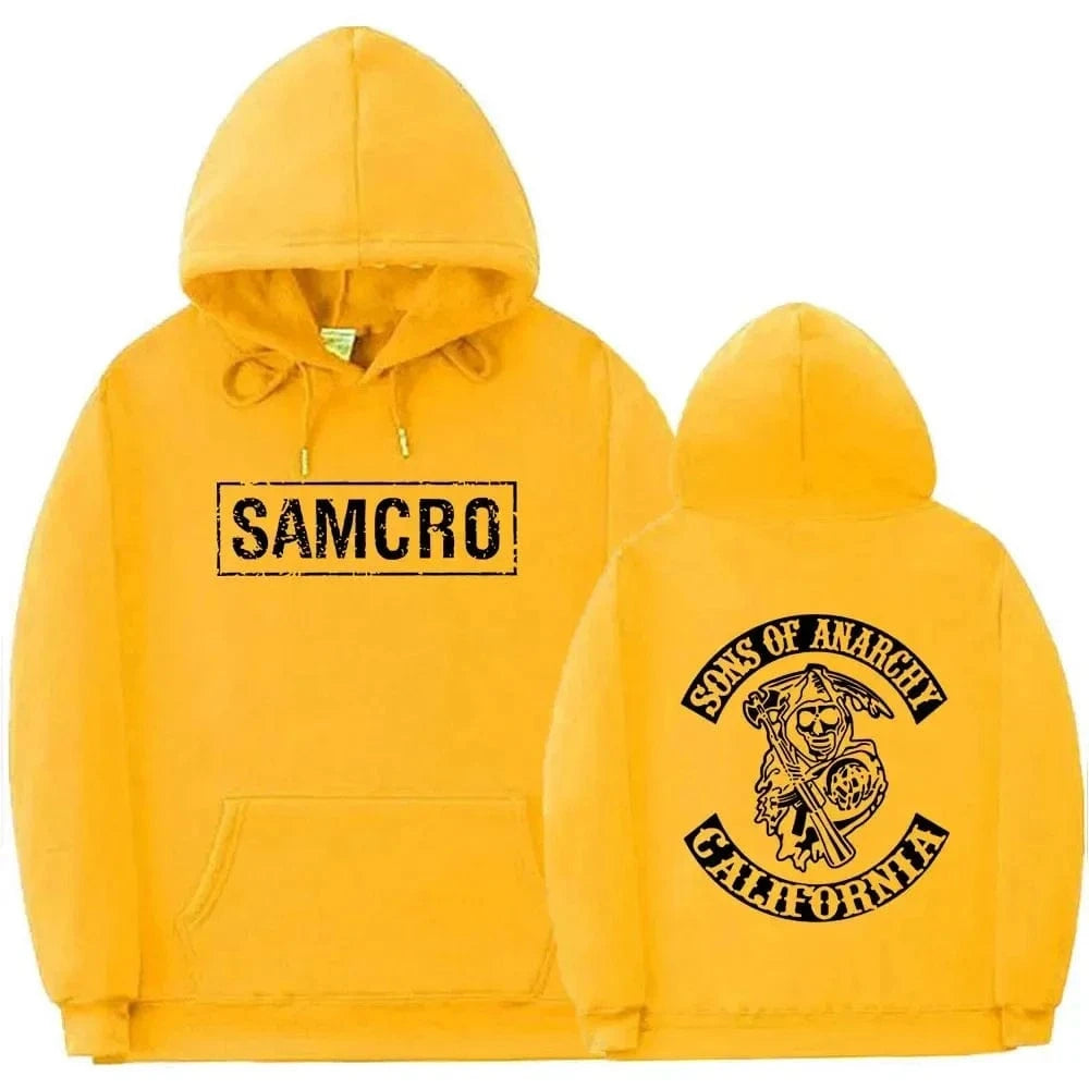 Sudadera con capucha con estampado de doble cara Tops Sons of Anarchy SAMCRO hombres mujeres diseño de marca de moda pulóver sudaderas con capucha de lana de algodón