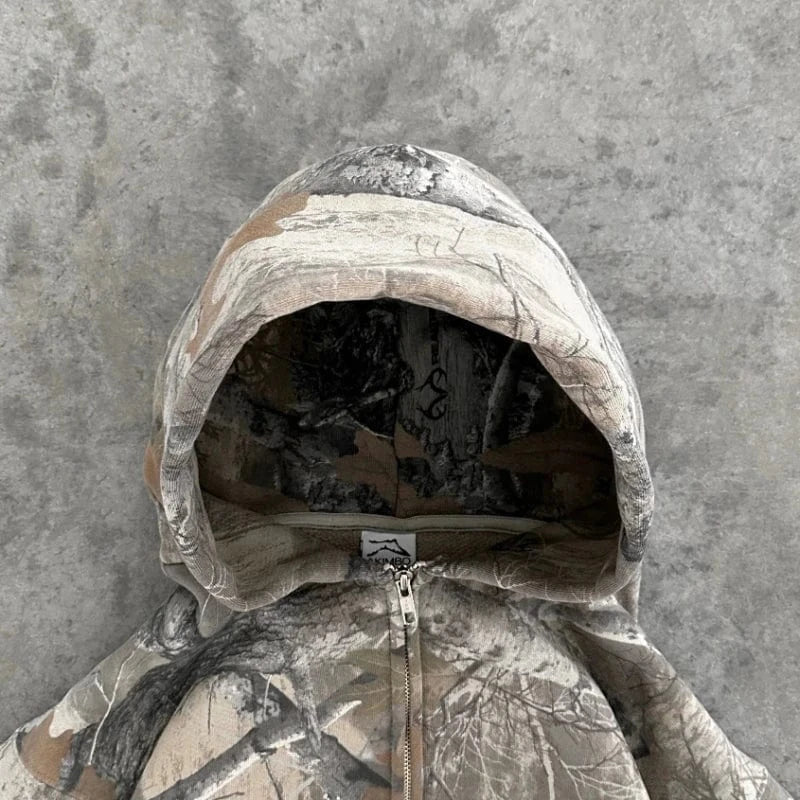 Sudadera con capucha Retro Y2K con cremallera para hombre, sudadera con estampado de camuflaje, ropa informal estilo Hip Hop, Sudadera con capucha de camuflaje Unisex de gran tamaño