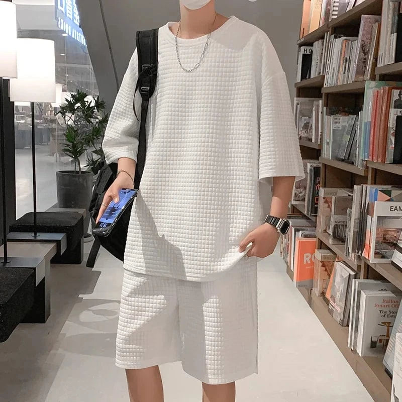Conjunto de ropa deportiva de manga corta de seda de hielo para hombre, plones informs de cinco cuartos de ocio, cs...